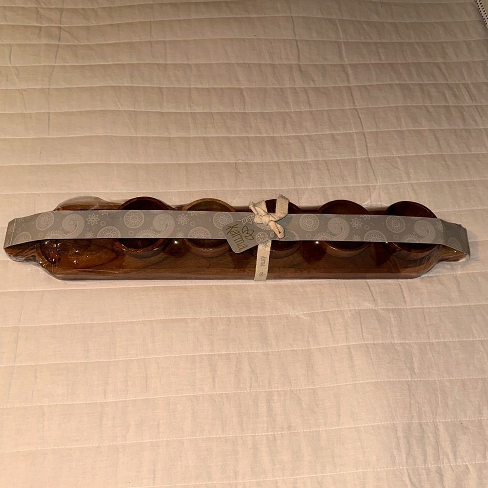 Karma Set of 5 piece Teak Wooden Condiment Dipping Bowls with a Serving Tray